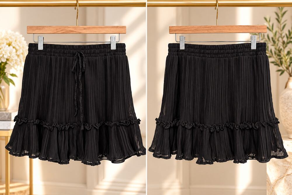 Black Pleated Ruffle Mini Skirt Drawstring Waist Size Medium NWT